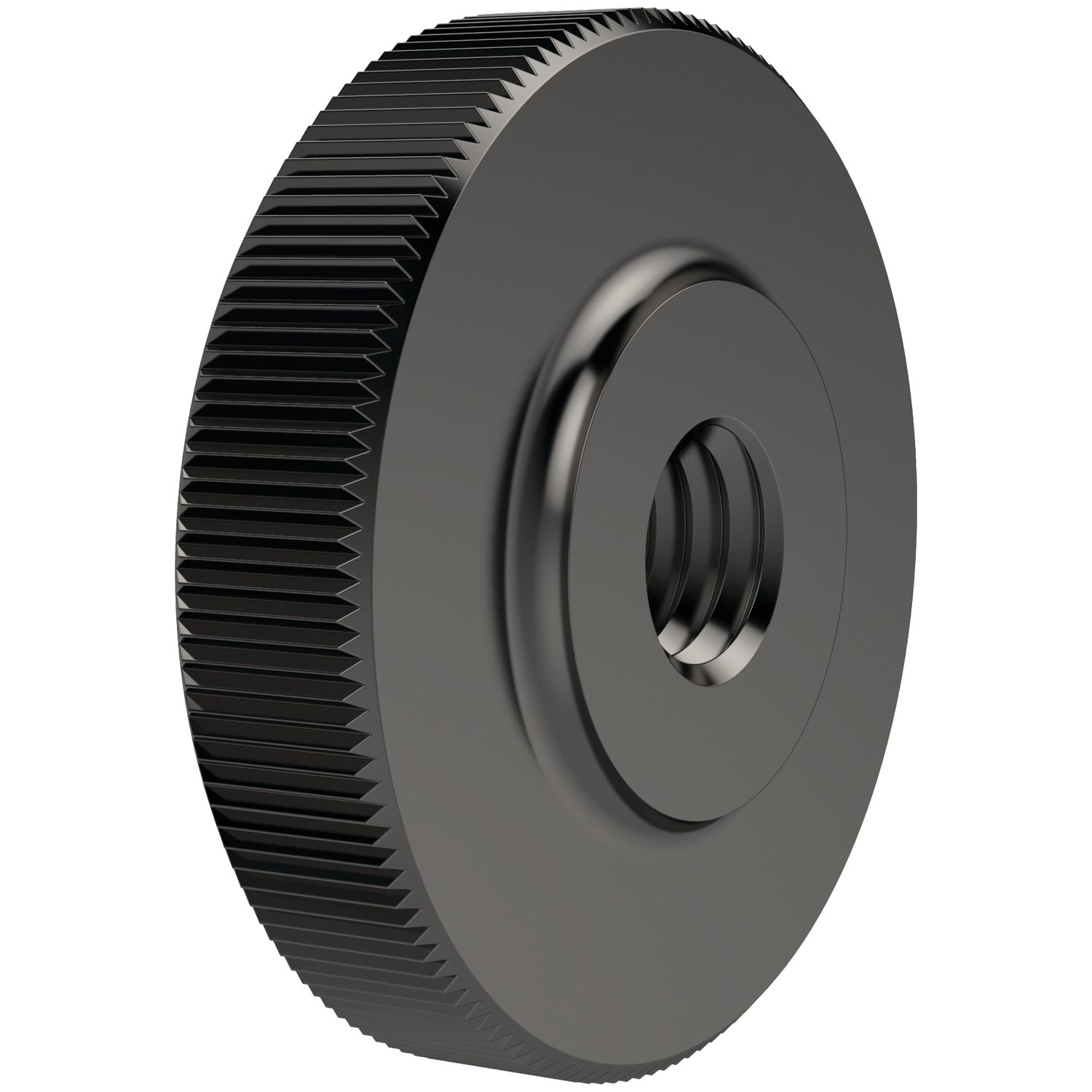 sideview of black round nut with knurled edge
